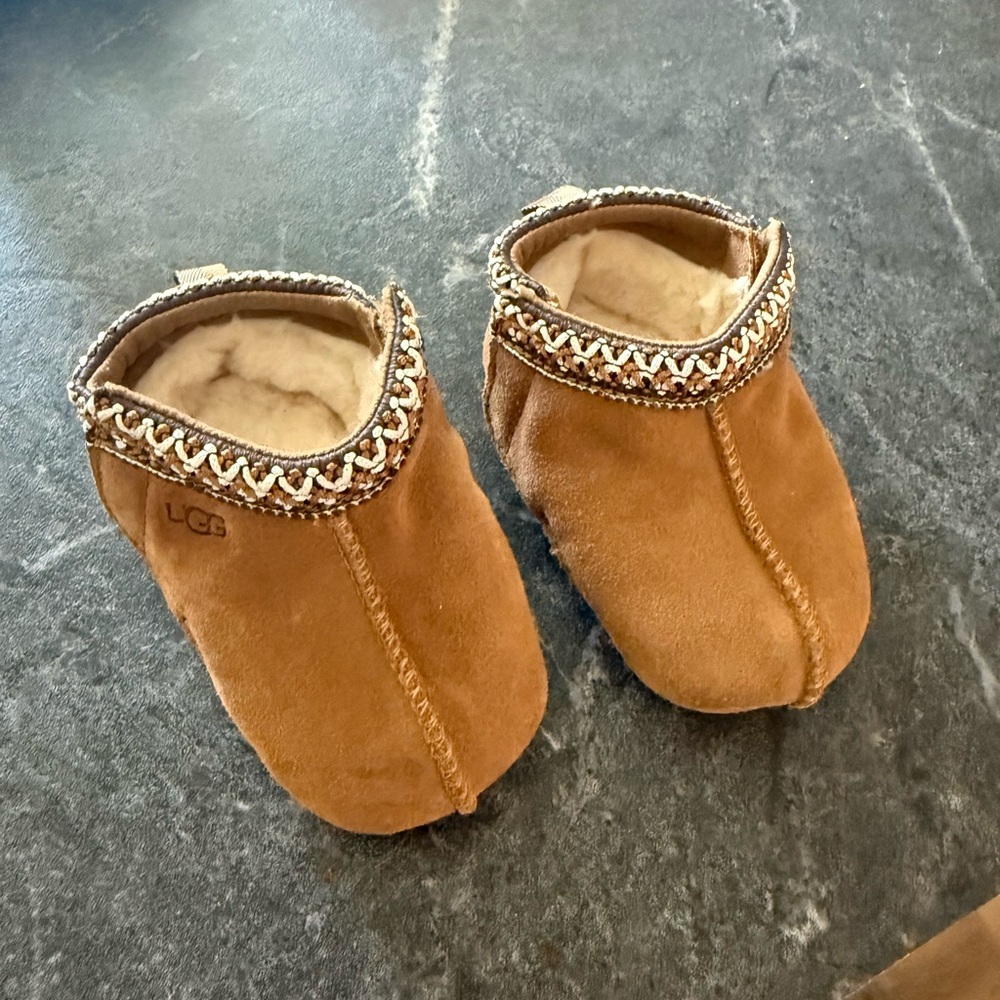 UGG Brown Suede Baby Booties with Patterned Trim